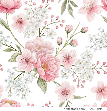 Delicate Watercolor Pink Blossom and White Flower Seamless Pattern 126600953