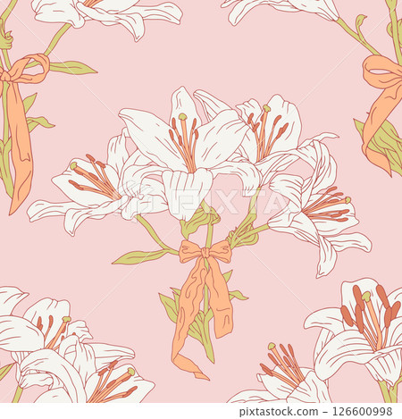 Vintage seamless pattern with hand drawn white lily flowers and fancy bow knots on pastel pink background. Boho floral repeat wallpaper Vintage seamless pattern with hand drawn white lily flowers and fancy bow knots on pastel pink background. Boho floral repeat wallpaper 126600998