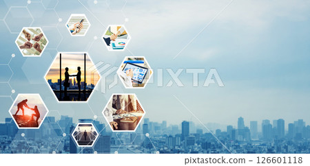 各種商業圖像的拼貼橫幅和廣告的水平視覺效果 126601118