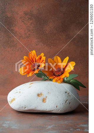 Natural arrangement of bright flowers and stone on soft pastel backdrop, minimal organic decor 126601180
