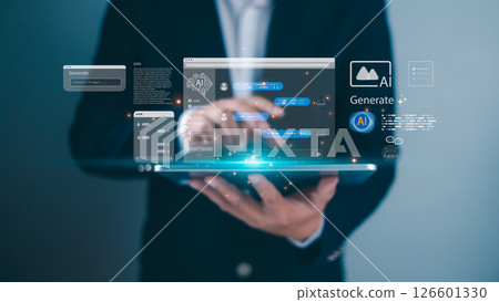 A businessman holding a tablet with floating AI interfaces, Symbolizing futuristic technology data, Digital communication online, and artificial intelligence in modern business environments. A businessman holding a tablet with floating AI interfaces, Symbolizing futuristic technology data, Digital communication online, and artificial intelligence in modern business environments. 126601330
