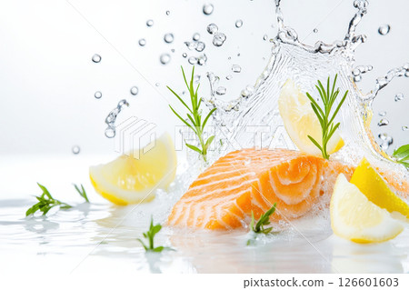 Roasted Salmon Fillet with Lemon Butter Sauce and Water Splash Effect Roasted Salmon Fillet with Lemon Butter Sauce and Water Splash Effect 126601603