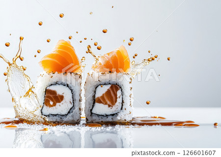 Splash of Soy Sauce on Fresh Sushi Roll on a Glass Plate 126601607