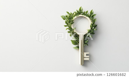 Glowing Key Unlocking Flourishing Vines on Clean White Background 126601682