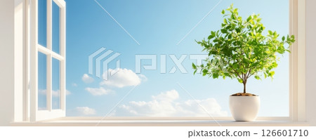 Open Window with Thriving Tree Beyond Offering Serene Natural View Open Window with Thriving Tree Beyond Offering Serene Natural View 126601710