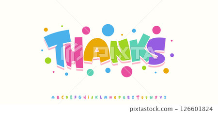 Thanks subscribers, fun colorful cartoon text. Playful cheerful typography for birthday card, kids design, headline. Vector illustration 126601824