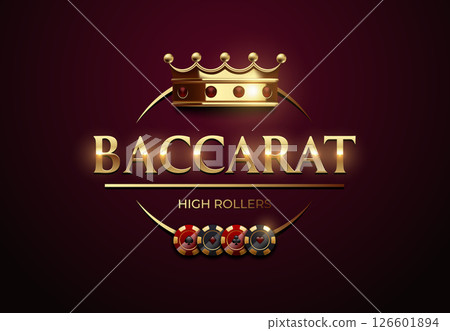Luxury golden Baccarat logo with crown, playing cards and casino icons on dark background. Perfect for gambling, casino games, VIP club promotions, and high roller events 126601894