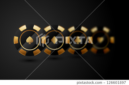 Black and gold poker chips with card suits spade, diamond, club, heart on dark background. Luxury casino design for gambling, online games, banners, or tournament promotion materials 126601897