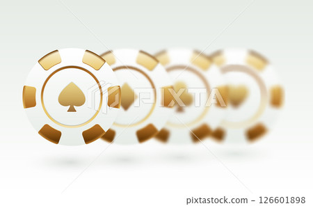 Minimalistic white and gold poker chips featuring spade, diamond, club, and heart symbols. Elegant and modern design for casino UI, gambling apps, banners, or online poker game elements 126601898
