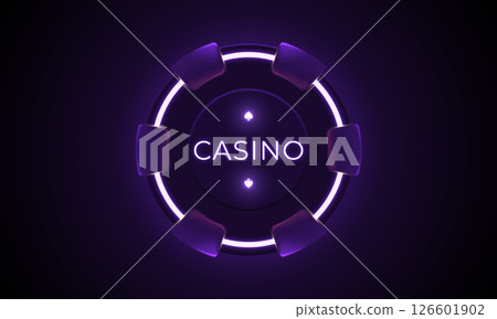 Bright neon casino chip with glowing effect and elegant layout on dark background. Ideal for gambling themes, user interfaces, or poker promotions Bright neon casino chip with glowing effect and elegant layout on dark background. Ideal for gambling themes, user interfaces, or poker promotions 126601902