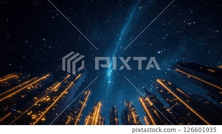 Cosmic Cityscape Illuminated by Glowing Celestial Phenomenon 126601935