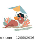 Relaxed womaIllustration of a smiling woman enjoying a book under a beach umbrella, surrounded by tropical leaves in a calm setting. n reading book on beach. Vector illustration 126602036