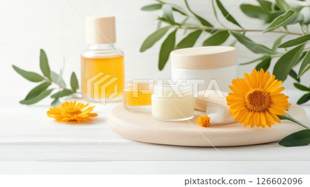 Natural Organic Skincare Cosmetic Products with Sunflower and Leaves on White Background 126602096