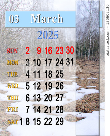 beautiful calendar for March 2025 with photo of melting snow in early spring. 126602136