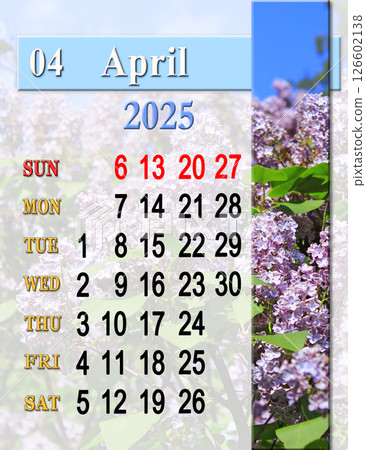 beautiful calendar for March 2025 with photo of blossoming lilac bush. beautiful calendar for March 2025 with photo of blossoming lilac bush. 126602138