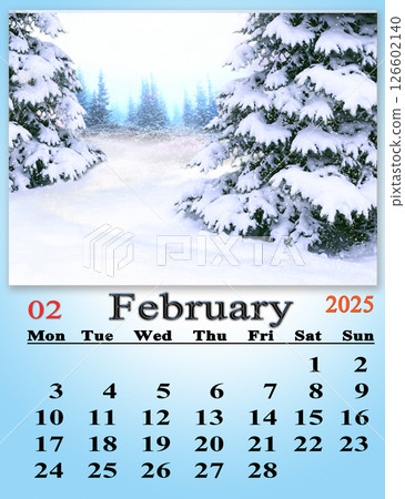 calendar for February 2025 with image of fabulous forest. February calendar 126602140