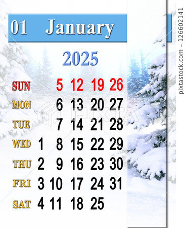 calendar for January 2025 with photo of snowy pine forest. January planner calendar for January 2025 with photo of snowy pine forest. January planner 126602141