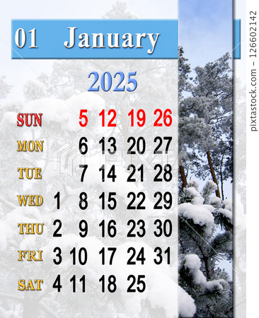 calendar for January 2025 with photo of snowy pine forest. January planner calendar for January 2025 with photo of snowy pine forest. January planner 126602142