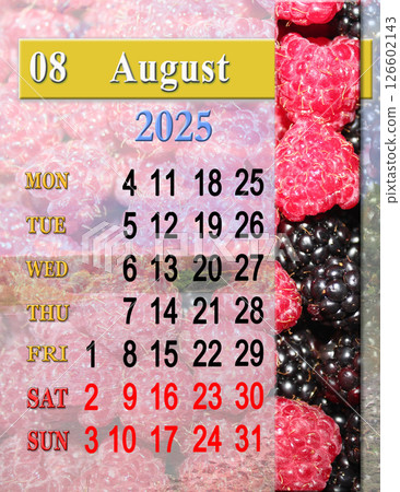 calendar for August with photo of ripe red and black raspberry calendar for August with photo of ripe red and black raspberry 126602143