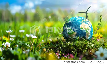 A small globe sits on green grass surrounded by colorful flowers. A wind turbine is visible in the background, symbolizing renewable energy and environmental awareness. 126602212