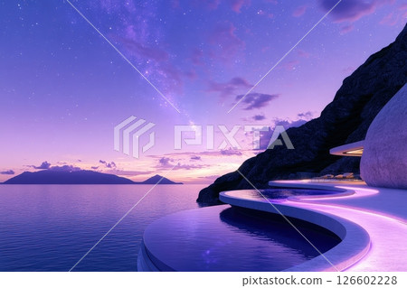 Futuristic Coastal Spa Blending Nature and Modern Architecture at Sunset 126602228