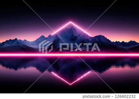 Majestic Mountain Landscape with Glowing Neon Lights and Ethereal Reflection on Lake 126602232