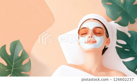 Vibrant Pop Art Depiction of a Serene Natural Spa Skincare Routine with Tropical Botanicals and Facial Mask Treatment 126602237