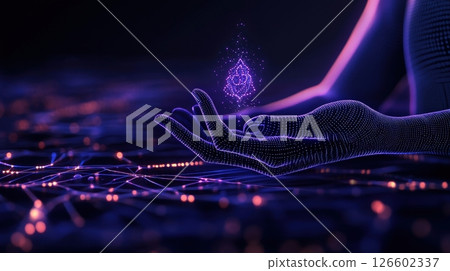 Glowing Wireframe Hand Gesture with Flowing Energy Field in Futuristic Digital Environment 126602337