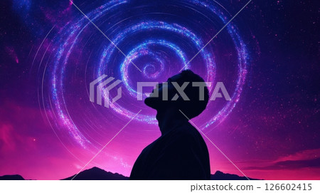 Silhouetted Figure Gazing at Mystical Cosmic Spiral Galaxy in Serene Ethereal Night Landscape 126602415
