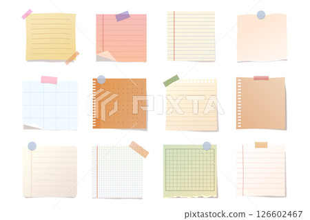 Vector set of paper stickers or sticky notes for planner or office. Collection of adhesive labels or empty write surface, memo tag. School reminder or blank scrapbook clipart. Blank notebook page, tag Vector set of paper stickers or sticky notes for planner or office. Collection of adhesive labels or empty write surface, memo tag. School reminder or blank scrapbook clipart. Blank notebook page, tag 126602467