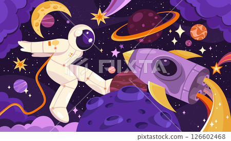 Spaceman walking in outer space with flying airship. Vector astronaut with planets and asteroids, moon crescent and rocket. Cosmos suit in zero gravity mission. Solar system,universe travel. Astronomy 126602468