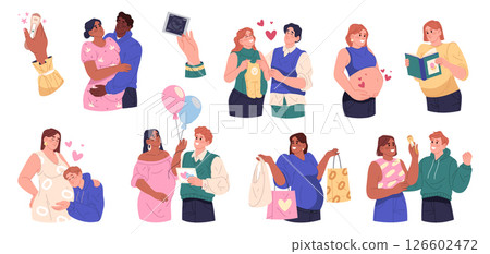 Vector pregnancy set or early parenthood sign. Family and motherhood, unborn child or baby. Mother and father waiting for infant. Female kid preparation. Couple, pair, maternity. Pregnant anticipation Vector pregnancy set or early parenthood sign. Family and motherhood, unborn child or baby. Mother and father waiting for infant. Female kid preparation. Couple, pair, maternity. Pregnant anticipation 126602472