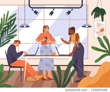 Office teamwork or work. Vector project job or workplace at company. People near table with notebooks or colleagues discuss, plan at team meeting. Indoor coworking, communication, employee interaction 126602488