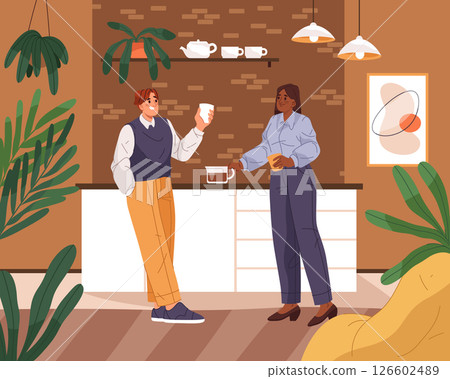Office coffee break. Vector man and woman chatting at workplace. Colleagues communicate during pause at corporate place. Social informal meet at work, job. Indoor breakroom. Friendly company breaktime Office coffee break. Vector man and woman chatting at workplace. Colleagues communicate during pause at corporate place. Social informal meet at work, job. Indoor breakroom. Friendly company breaktime 126602489