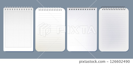Realistic notebook page mockup. Vector spiral-bound paper for school and office, memo. Writing background for document or letter. Blank or empty journal note closeup. Education, documentation. 126602490