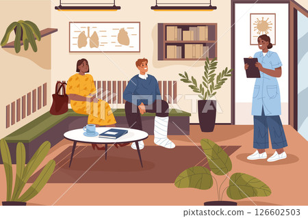 Clinic queue or hospital line near doctor cabinet. Vector nurse with paperwork and patience with broken leg. Medical clipart with people wait in hallway for trauma assistance. Healthcare and treatment 126602503