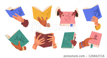 Set of open book in human palms. Vector hand with hardcover literature. Cartoon symbol collection of education and reading, knowledge and learning, wisdom. Human study text or learn information, read. Set of open book in human palms. Vector hand with hardcover literature. Cartoon symbol collection of education and reading, knowledge and learning, wisdom. Human study text or learn information, read. 126602516