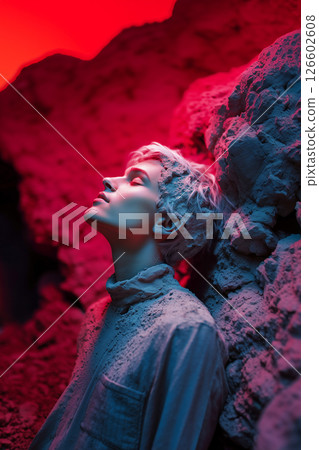 A woman is standing in a cave with a red background A woman is standing in a cave with a red background 126602608