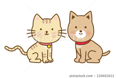 一隻可愛的狗和一隻貓並排站著的插圖 126602622