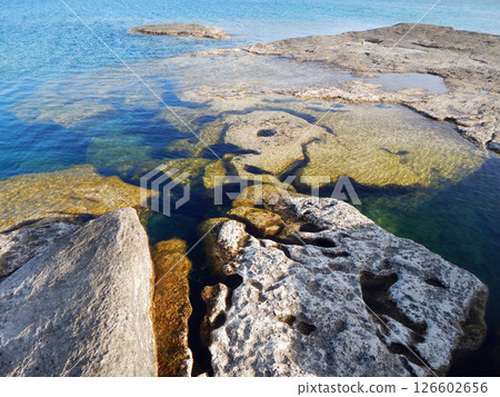 Rocky shore of the Caspian Sea. 126602656