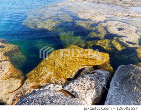 Rocky shore of the Caspian Sea. 126602657