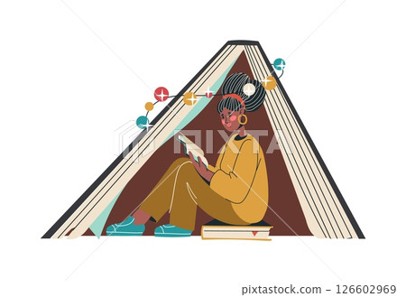 Person reading book. Cartoon bookworm. Big textbook tent. Reader enjoying of novel. Happy people hobbies. Fictional literature. Knowledge study. Young woman leisure. Storybook wisdom. Vector concept Person reading book. Cartoon bookworm. Big textbook tent. Reader enjoying of novel. Happy people hobbies. Fictional literature. Knowledge study. Young woman leisure. Storybook wisdom. Vector concept 126602969