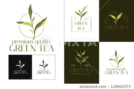 Tea logo. Leaf green icon. Emblem herb, stamp of nature. Simple logotype of cup beverage. Cafe label organic floral sign. Natural drink badge. Botanical twig and foliage. Vector product tag design set 126602973