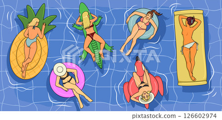 Swimming pool. Swim beach. Woman float on inflatable mattress. Girl sunbathing in water. People in bikini relax on flamingo inflated ring. Top view. Fashion swimsuit. Vector summer travel background Swimming pool. Swim beach. Woman float on inflatable mattress. Girl sunbathing in water. People in bikini relax on flamingo inflated ring. Top view. Fashion swimsuit. Vector summer travel background 126602974