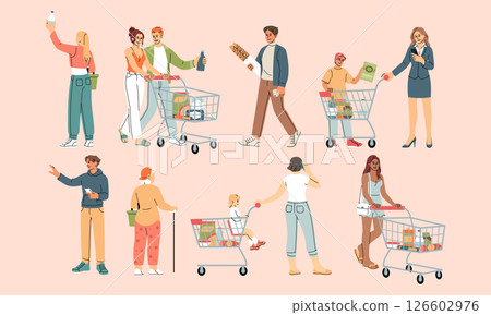 Grocery. Character with cart in supermarket. Trolley person with family market. Consumer walking in store. Basket for shopping. Customers buying food and drink. Vector cartoon flat style illustration Grocery. Character with cart in supermarket. Trolley person with family market. Consumer walking in store. Basket for shopping. Customers buying food and drink. Vector cartoon flat style illustration 126602976