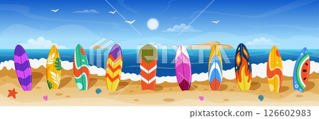Surfboard on beach. Scene with Hawaii sand, colorful board with pattern. Landscape in summer wave. Tropical sport at sea. Ocean holiday. Sun coast paradise. Vector tidy cartoon isolated illustration 126602983