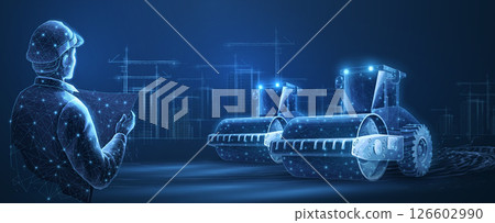 AI engineer and road rollers on the city construction background. Building site, construction machine 126602990