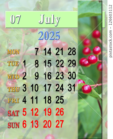 calendar for July with photo of snowball tree berries. guelder-rose berry 126603112