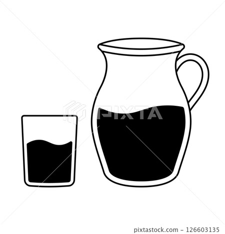Pitcher and Glass with Liquid Silhouette Vector. Black and white vector illustration featuring a large pitcher and a drinking glass, both partially filled with liquid. Pitcher and Glass with Liquid Silhouette Vector. Black and white vector illustration featuring a large pitcher and a drinking glass, both partially filled with liquid. 126603135