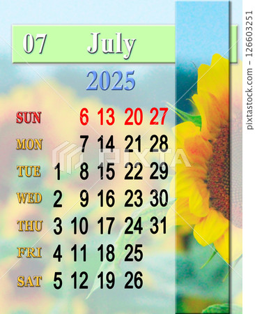 calendar for July with photo of blossoming yellow sunflower. Sunday start 126603251